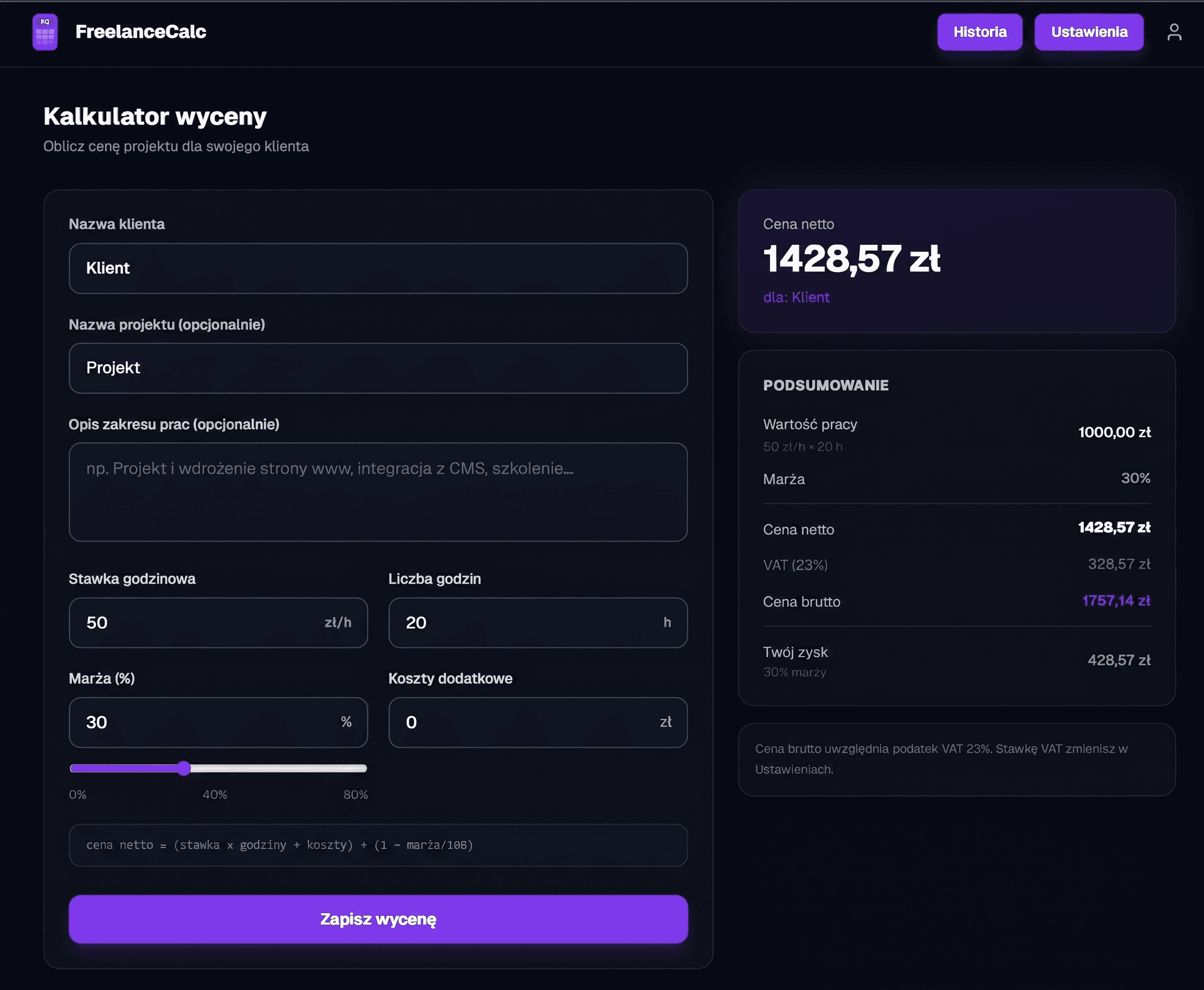 Screenshot kalkulatora wycen FreelanceCalc